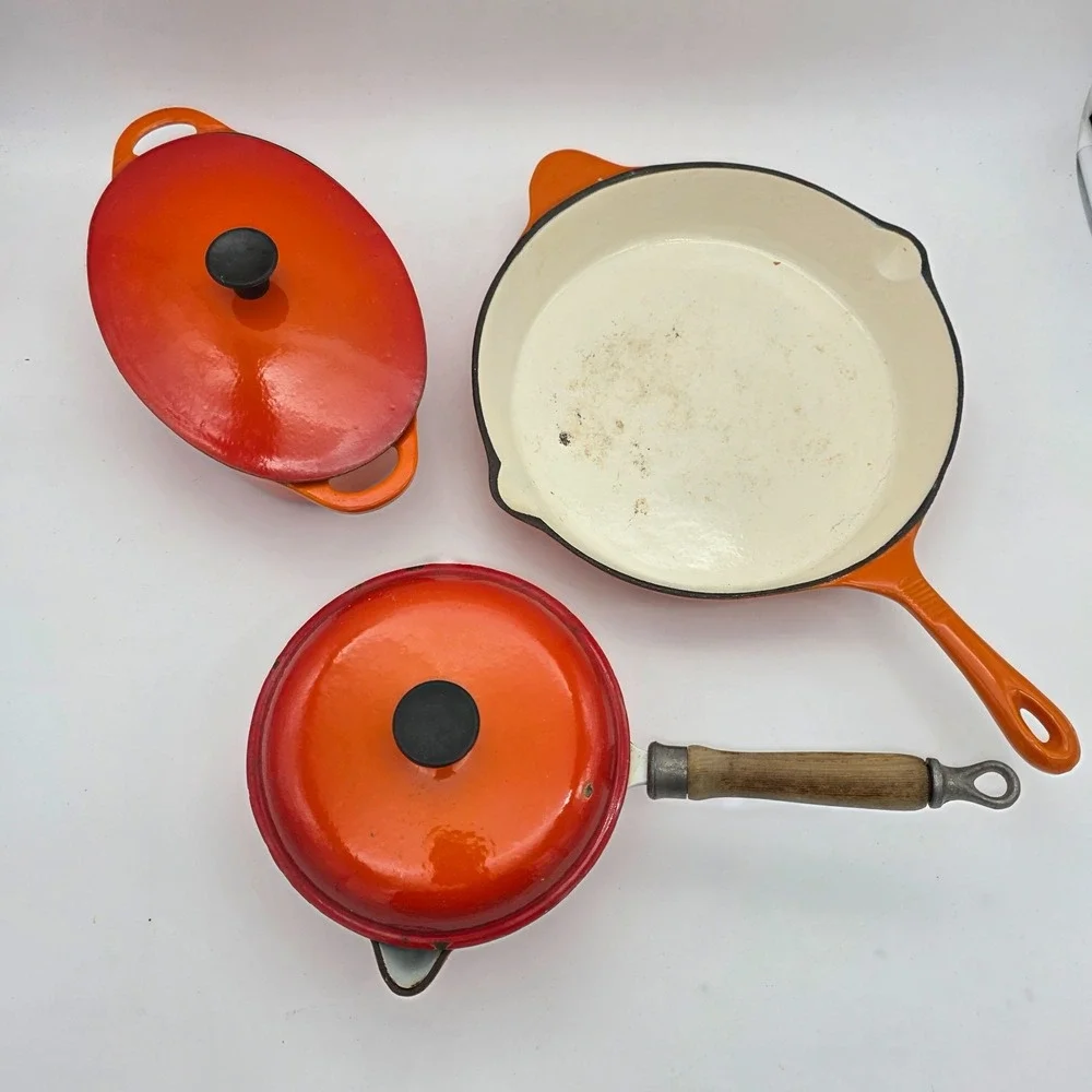 Vintage Unbranded #16 Pan, skillet, Casserole Flame Orange Enamel Cast Iron 70s?